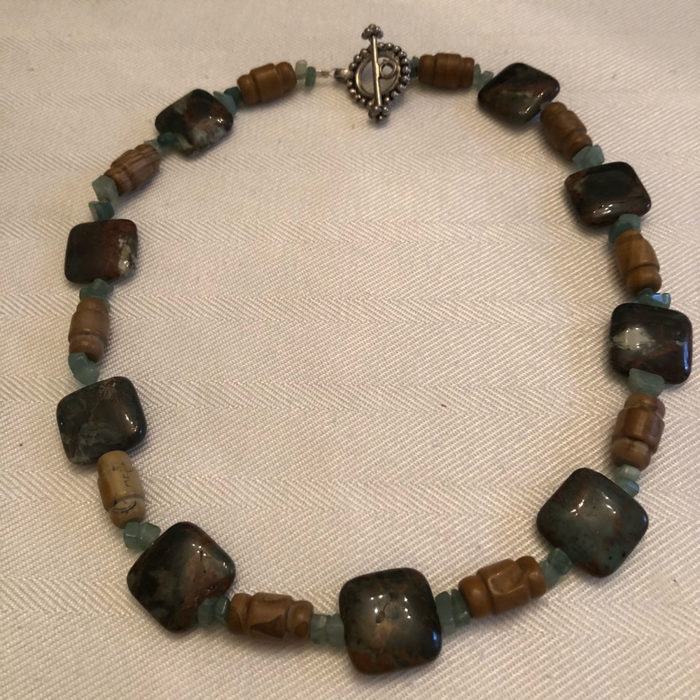 Beautiful Jasper Stone, Jade and Wood Necklace